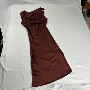 Dress Forum Satin Cowl Neck Midi Dress Womens Medium Brown NWT Gold Detail